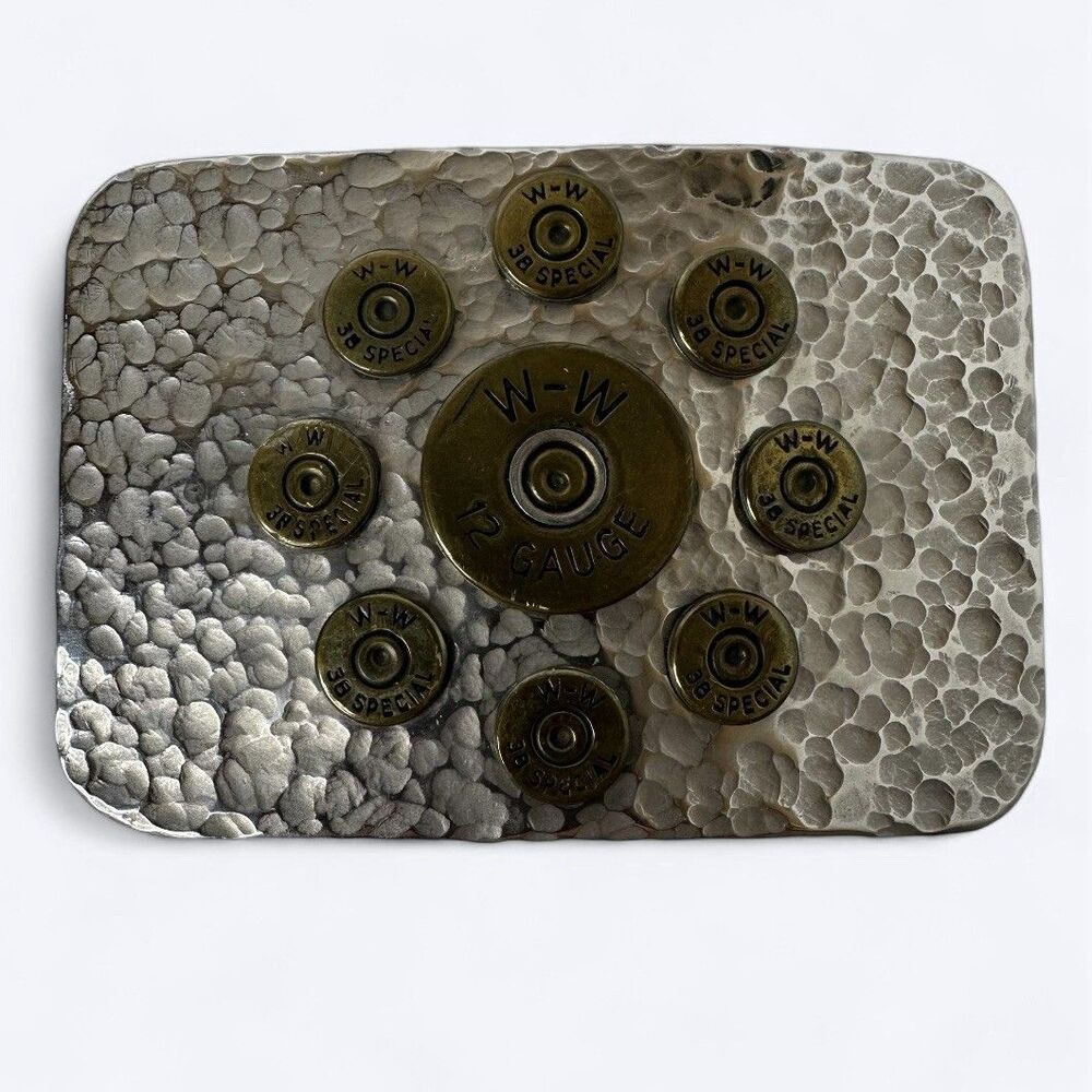 Handmade Bullet‎ Shell Casings Belt Buckle Hammered Silvertone Metal Vtg Hunter